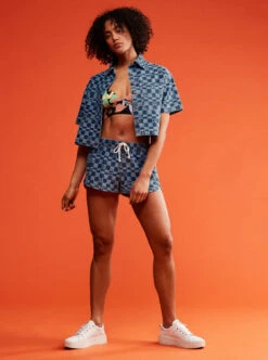 Roxy Blue Wave Club Printed - Kurzarm-Jeanshemd Für Frauen -Modereich Geschaft erjwt03579 roxym xbbb bck4